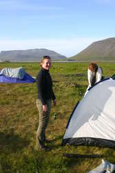 Eva and Tóta erecting their tent
